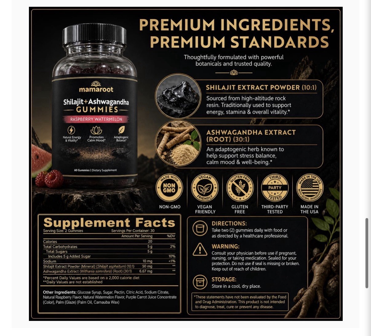 Shilajit + Ashwagandha Gummies 60ct Vegan Non-GMO Raspberry Watermelon exp 01/28