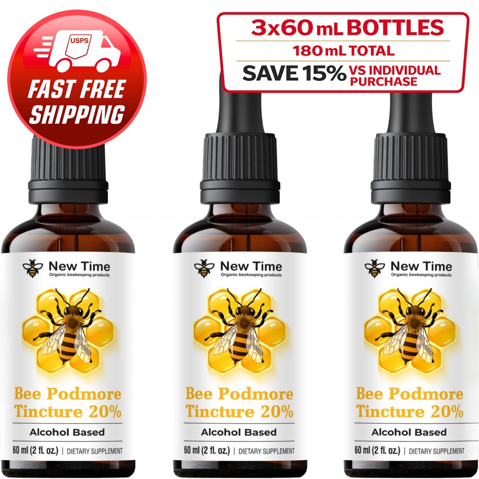 Pure Bee Podmore Tincture 20% – 3 Bottles 60mL Each Alcohol Extract Liquid Drop
