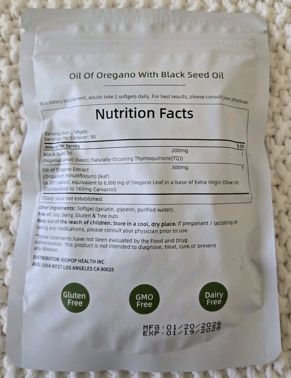 Belano OIL OF OREGANO with Black Seed Oil 6000 mg Non-GMO 180 Softgels Exp 01/28