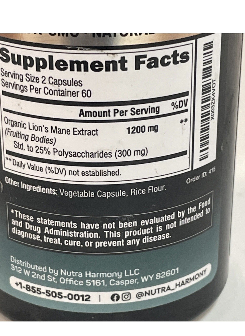2X Nutra Harmony Lion’s Mane Supplement 1200mg 120 Capsules EXP 6/26