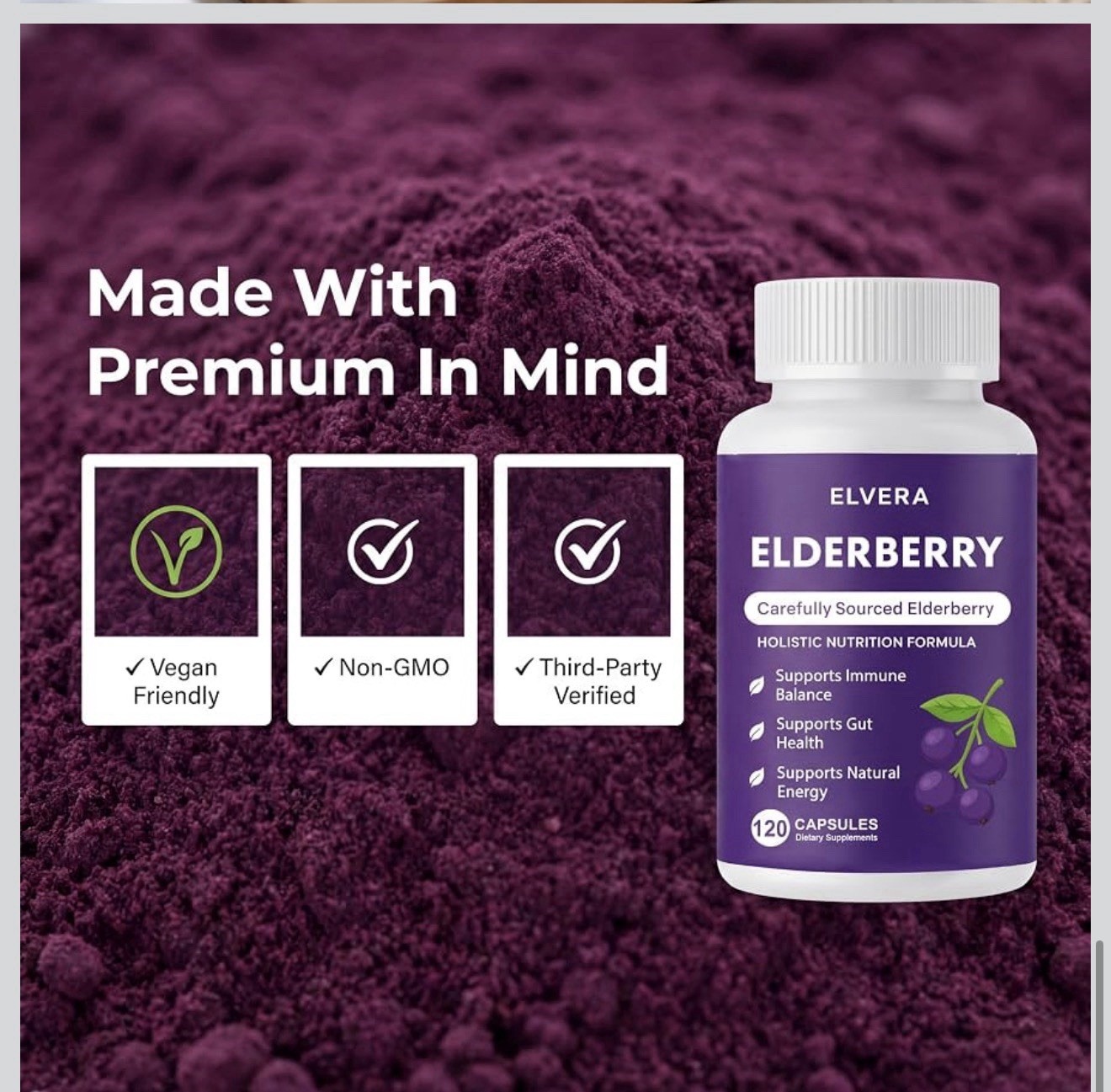 ELVERA Elderberry Capsules w/ Zinc & Vitamin C Vegan Non-GMO 120 Ct