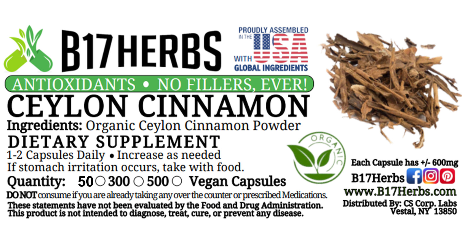 Ceylon Cinnamon Veggie Capsules – Organic – No Fillers – 600mg – 50 Caps