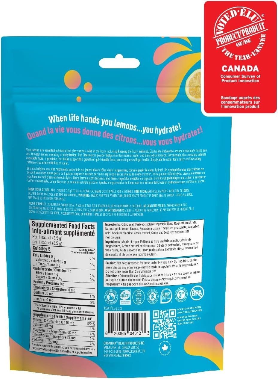 Organika Electrolytes Powder Pink Lemonade Flavor Hydrate 3.5gx20 Sachets NEW