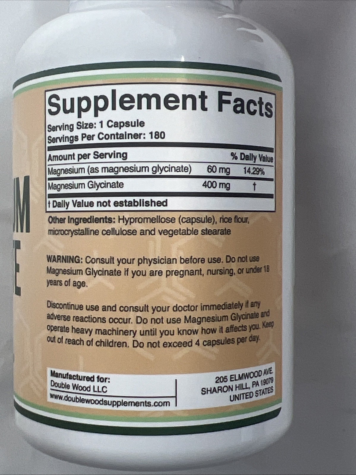 Double Wood Supplements Magnesium Glycinate 400mg 180 Veggie Capsules