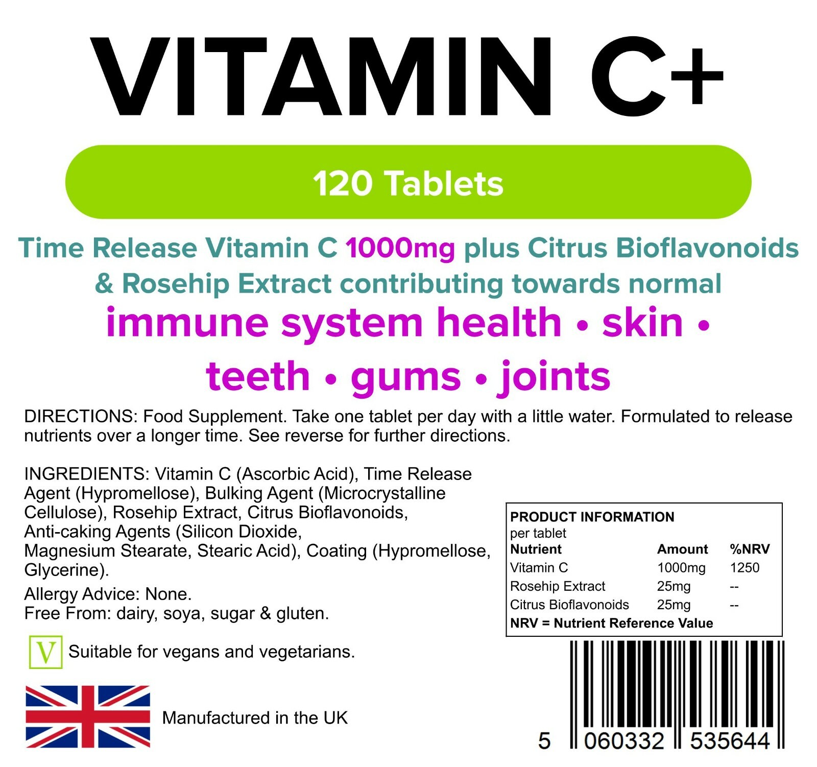 Lindens Vitamin C 1000mg 120 Tablets w/ Rosehip Bioflavonoids Quality Supplement