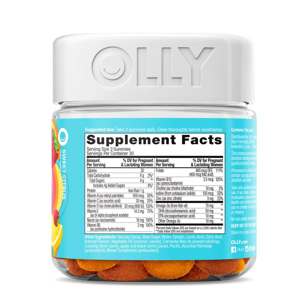 OLLY Prenatal Multivitamin Gummy, for Women, Folic Acid, Vitamin D, Omega 3 DHA,