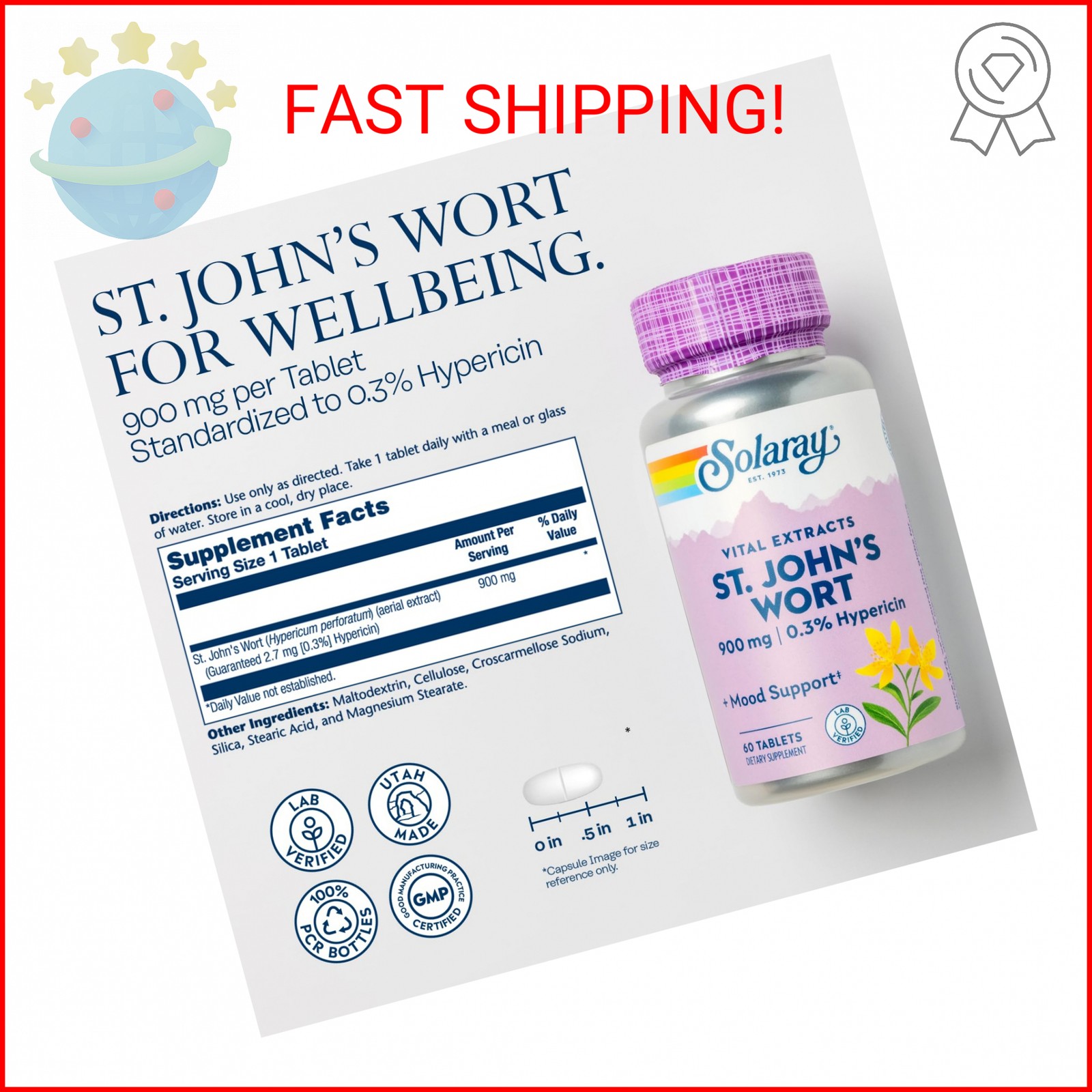 SOLARAY St. Johns Wort Aerial Extract One Daily 900mg, Standardized w/ 0.3% Hype