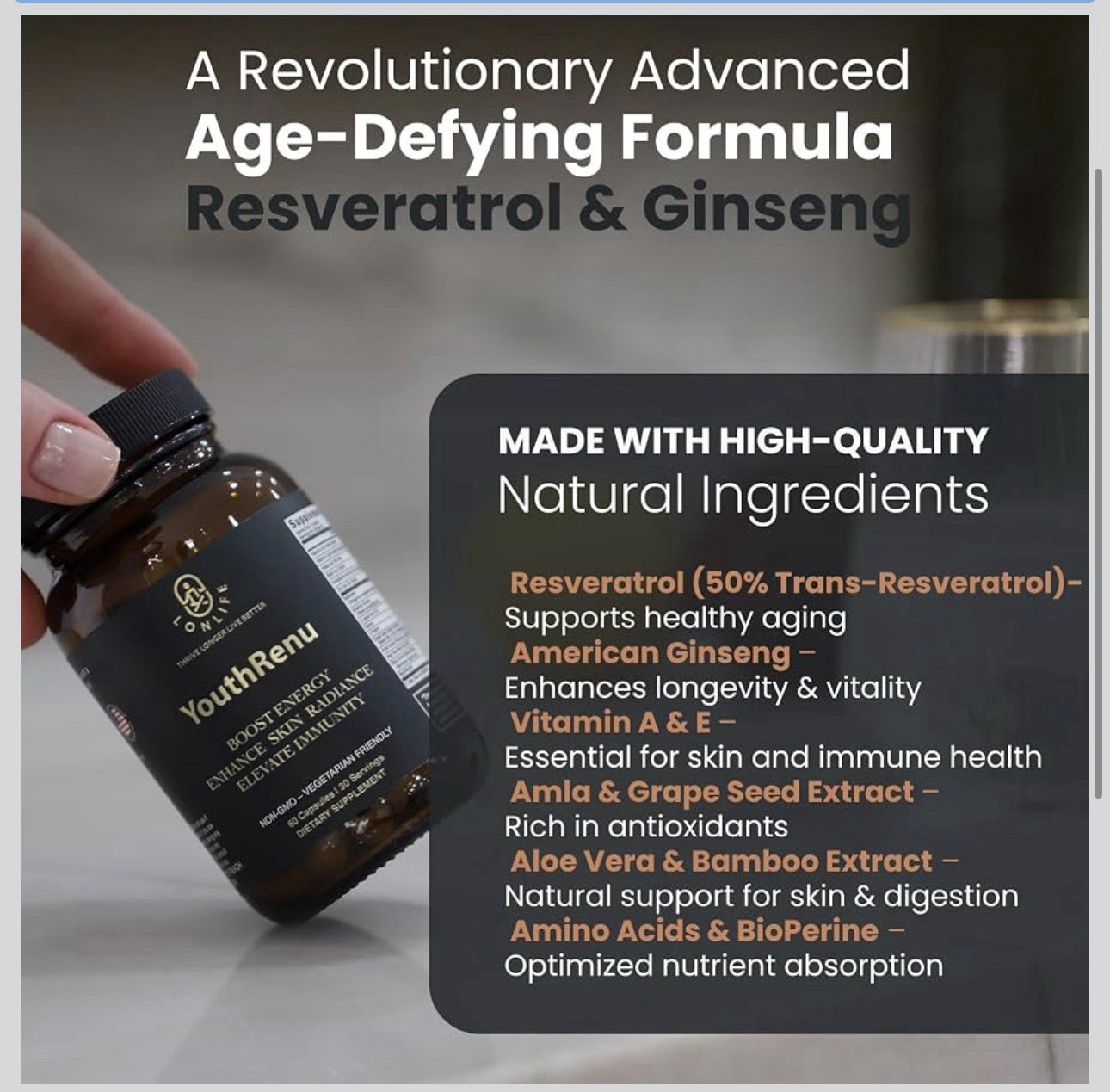 Lonlife YouthRenu Resveratrol & American Ginseng 60 Capsules Non-GMO Vegan