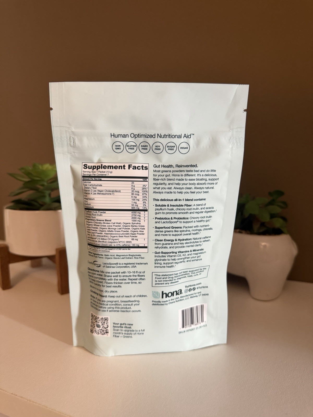 hona Fiber + Greens Gut Health Powder 7 Packets Tropical Vegan Non-GMO