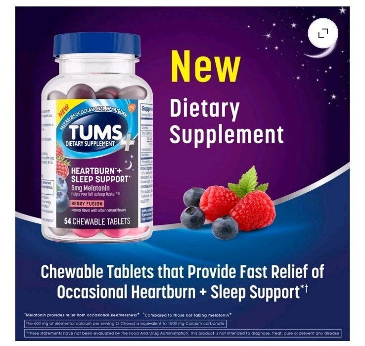 Two Tums+ Chewable Dietary Supplement Tablet Chews With Melatonin 54 ct Bottles