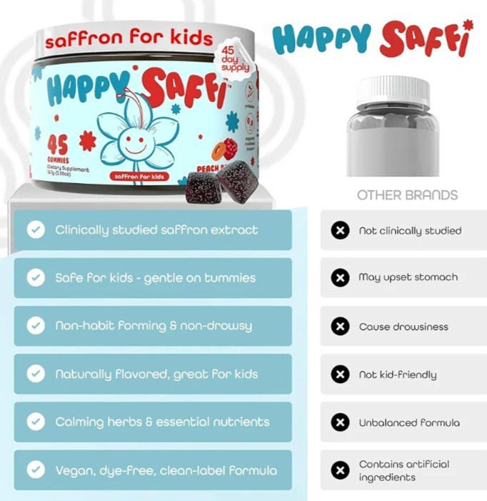 Happy Saffi Saffron for Kids Gummies Supports Happy Mood & Temper Control 45ct