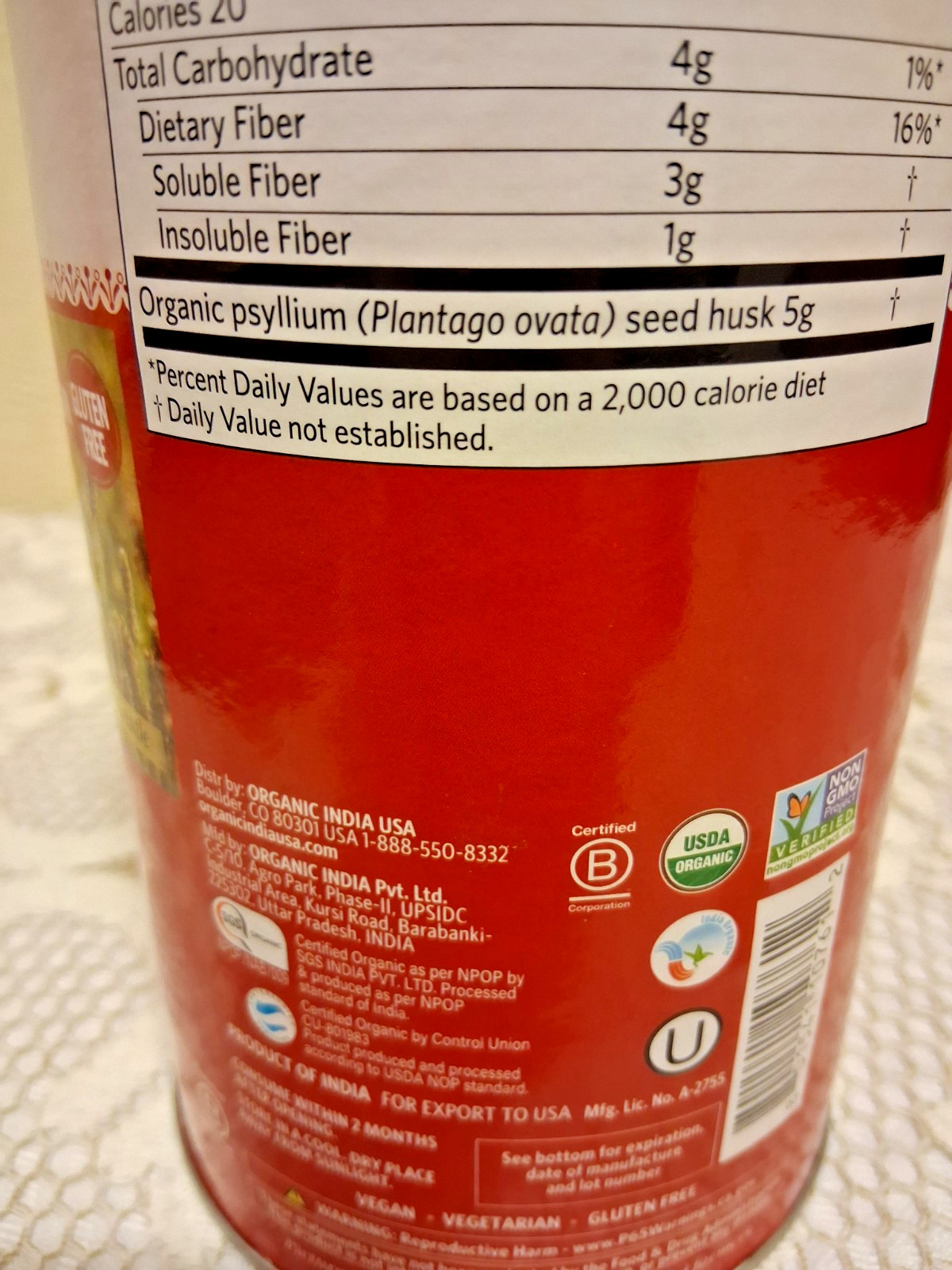 Organic India Psyllium Fiber Whole Husk Fiber Supplement Keto Vegan 12 oz