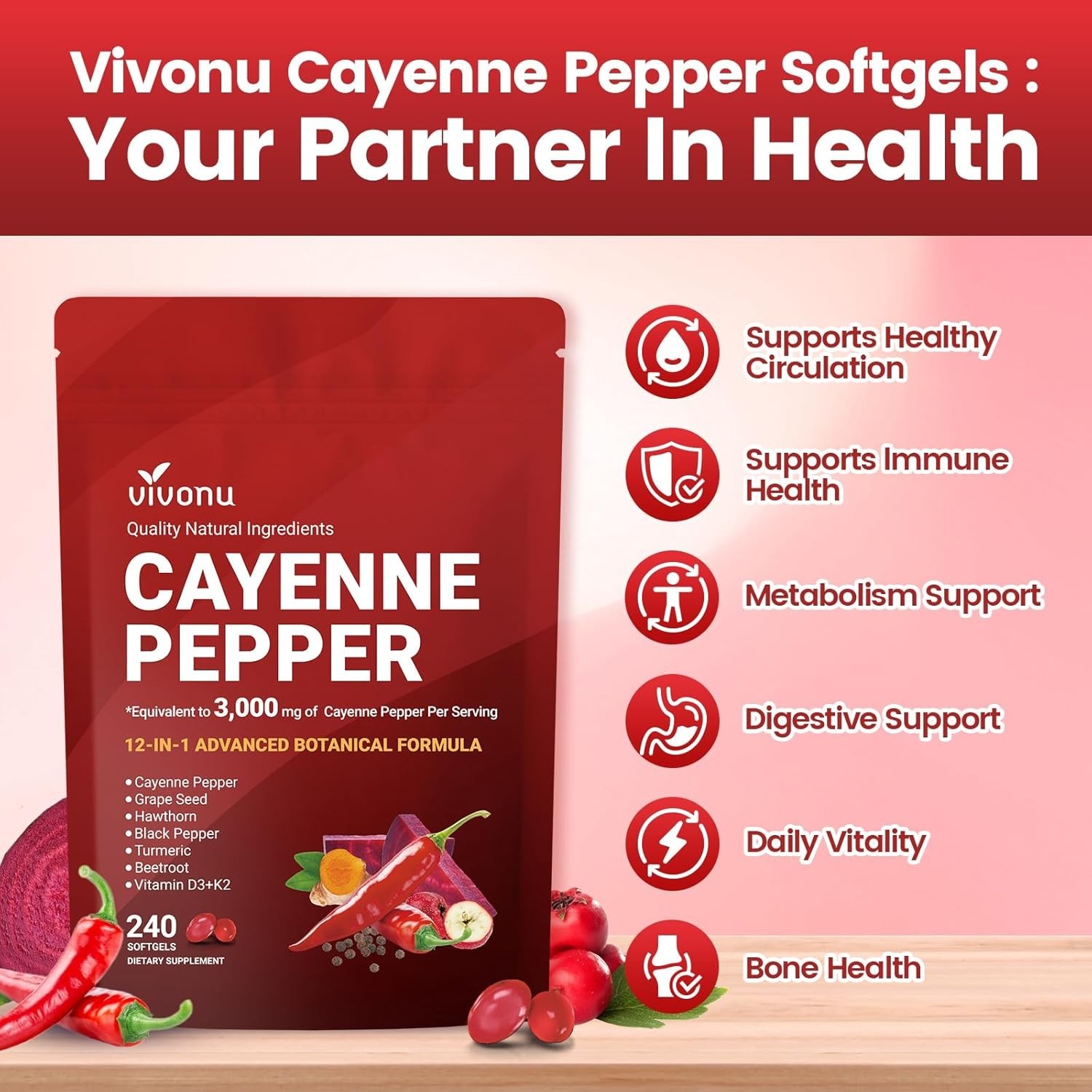 VivoNu Cayenne Pepper Softgels Supplement, Heart and Blood Vessel Wellness
