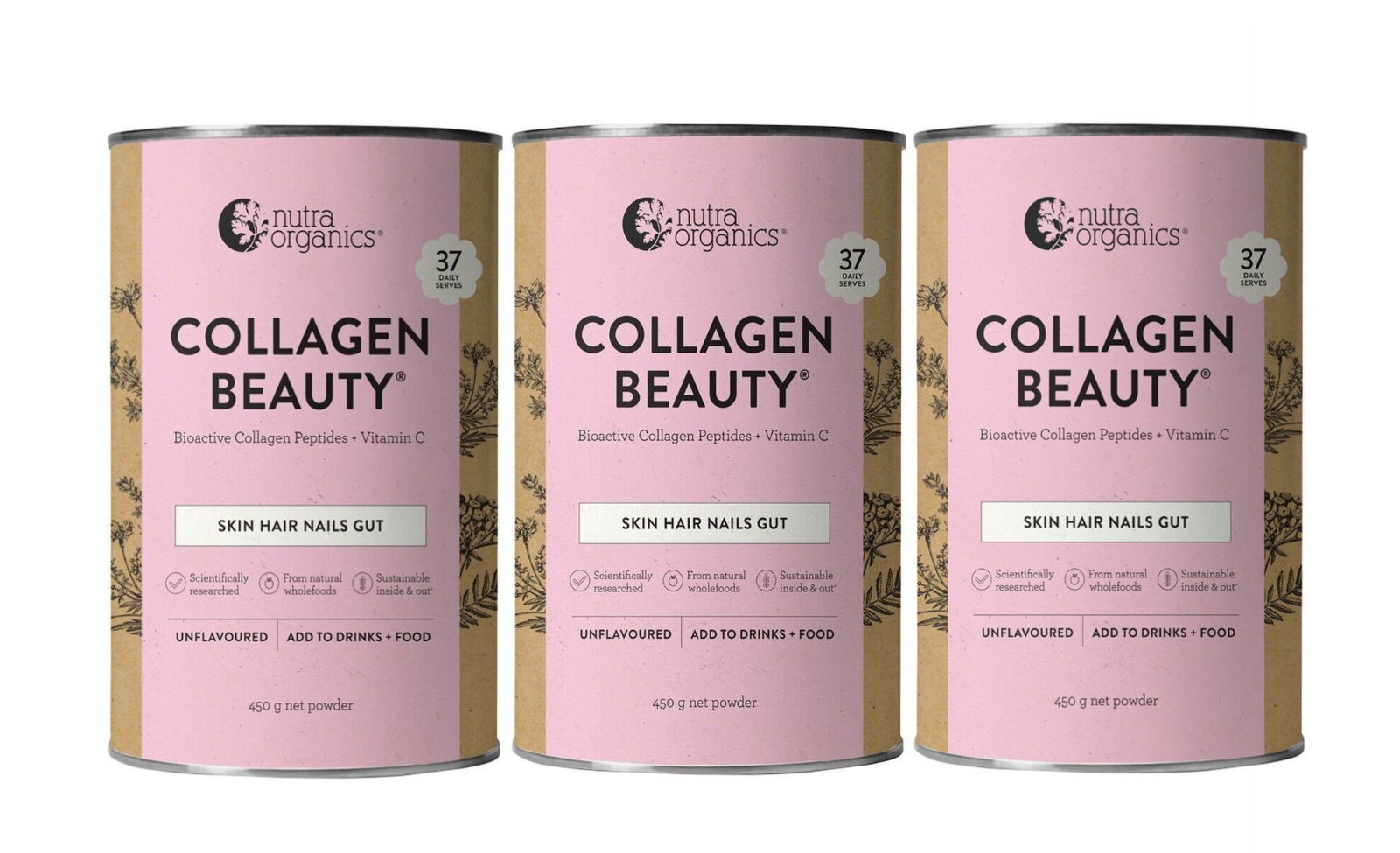3 x Nutra Organics Collagen Beauty with Verisol + Vitamin C Unflavoured 450g