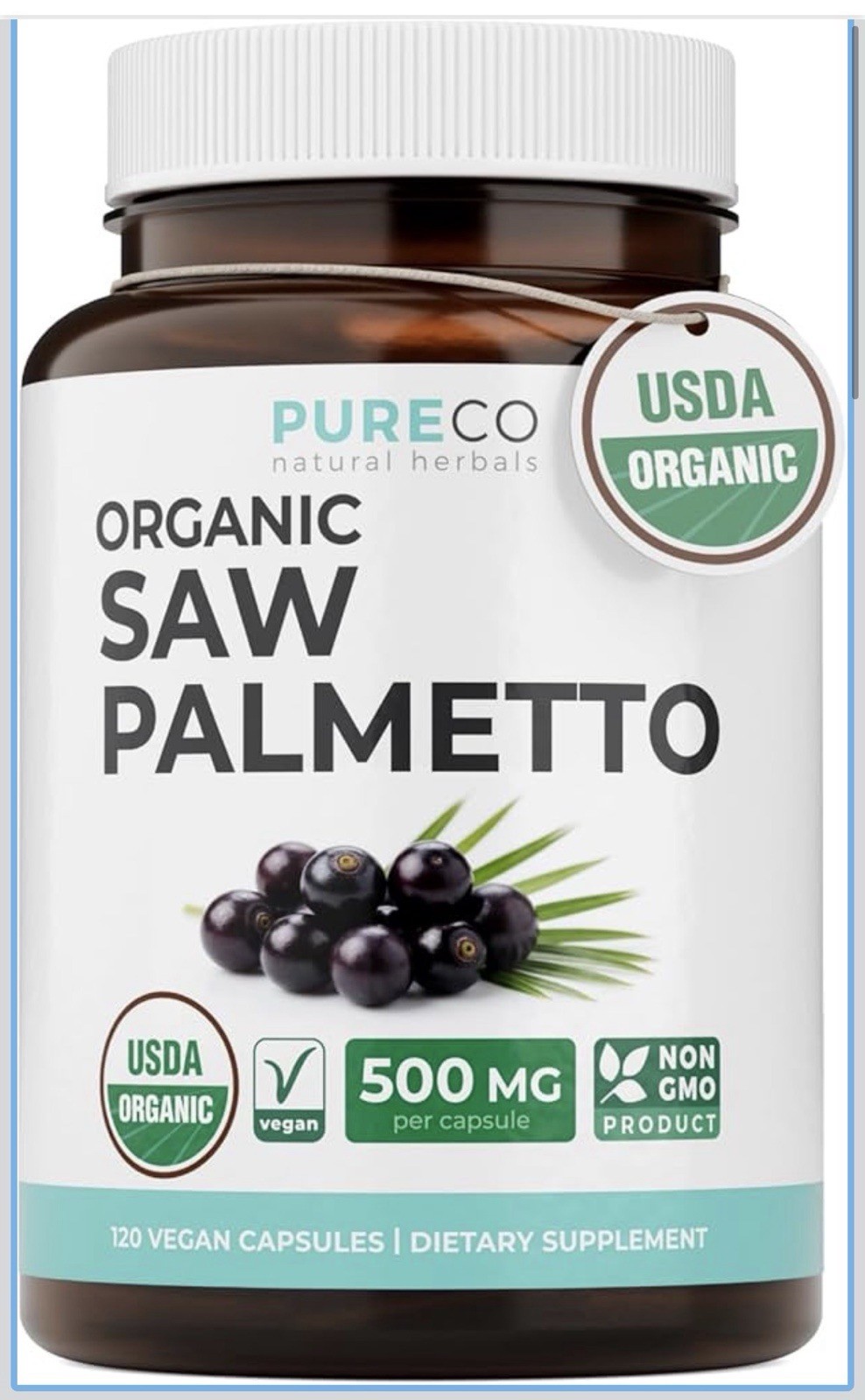 PURE CO USDA Organic Saw Palmetto – Urinary Tract – Whole Berries – 120 Capsules