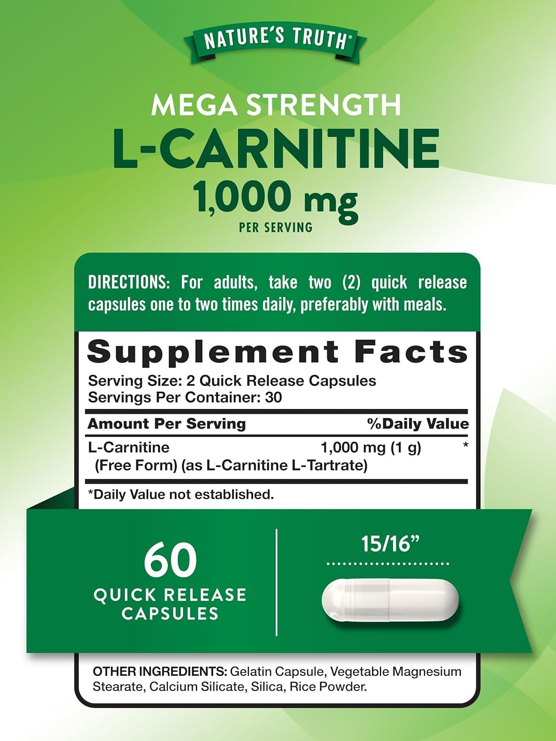L Carnitine 1000 mg | 60 Capsules | Non-GMO, Gluten Free | by Nature’s Truth