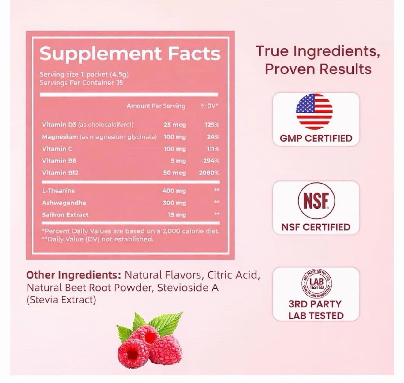 CalmRest Magnesium Glycinate Calming Drink Mix Raspberry Lemonade 15 Packets