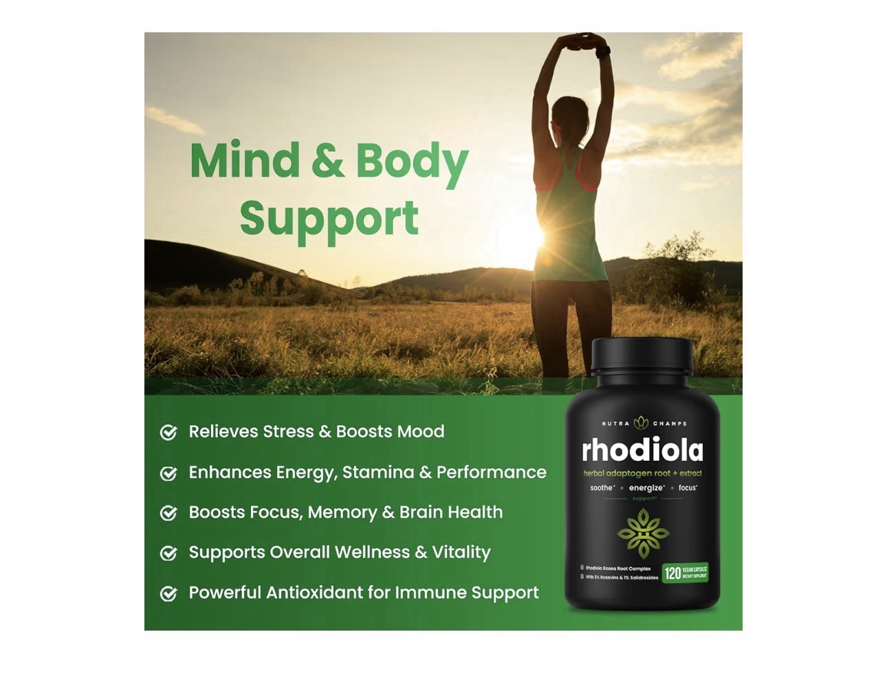 Nutra Champs Rhodiola Rosea Root Extract 600mg 120 Caps Vegan Non-GMO Keto