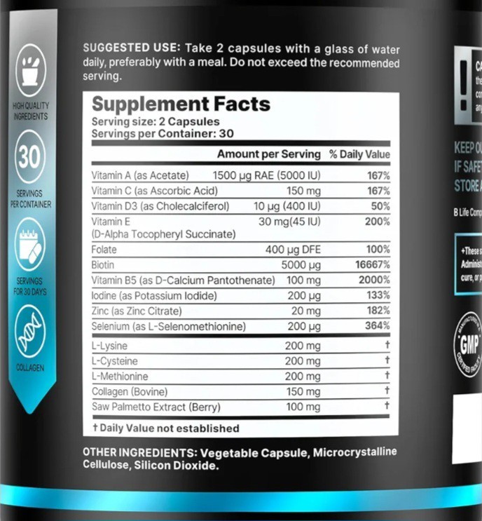 B Life Men’s Hair Growth Supplement Biotin & Collagen Hair Vitamins 60 Capsules
