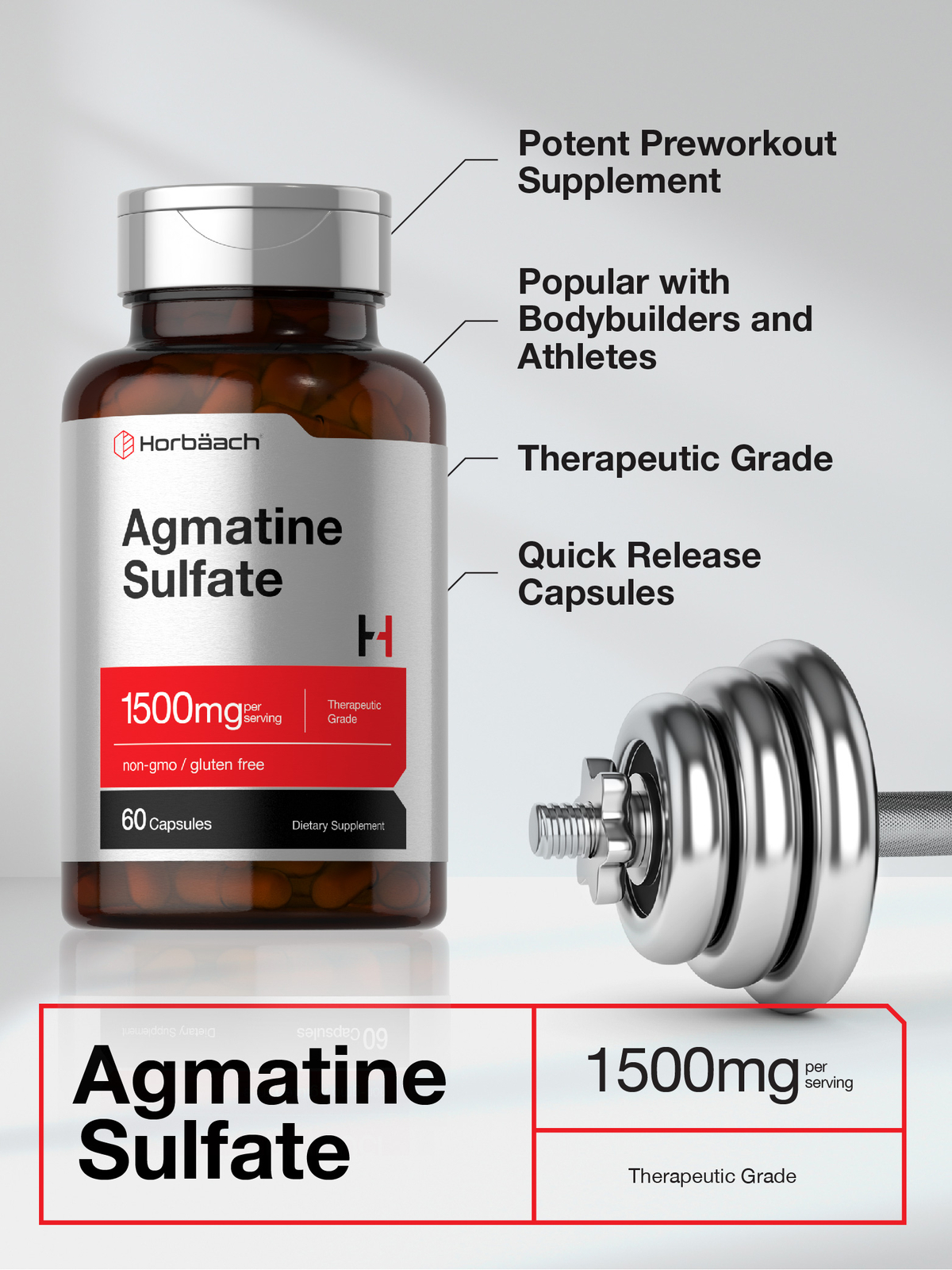 Agmatine Sulfate 1500mg | 60 Capsules | Pharmaceutical Grade | by Horbaach