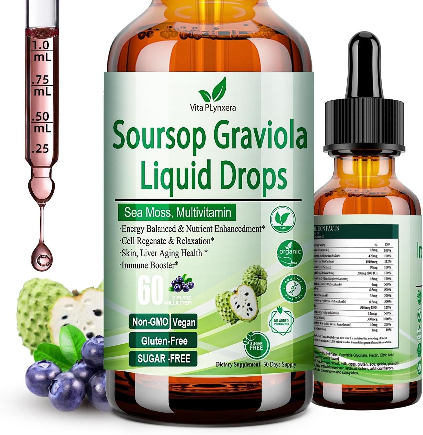 Soursop Graviola Liquid Drops, Soursop Extract Multivitamin Drops w. Sea Moss, G