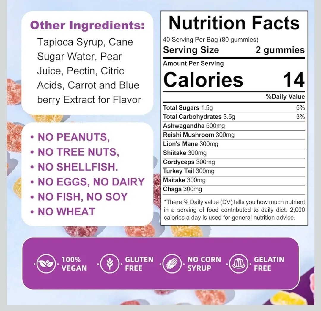 Functional Mushroom Gummies Blend Ashwagandha Reishi Maitake Chaga Cordyceps…