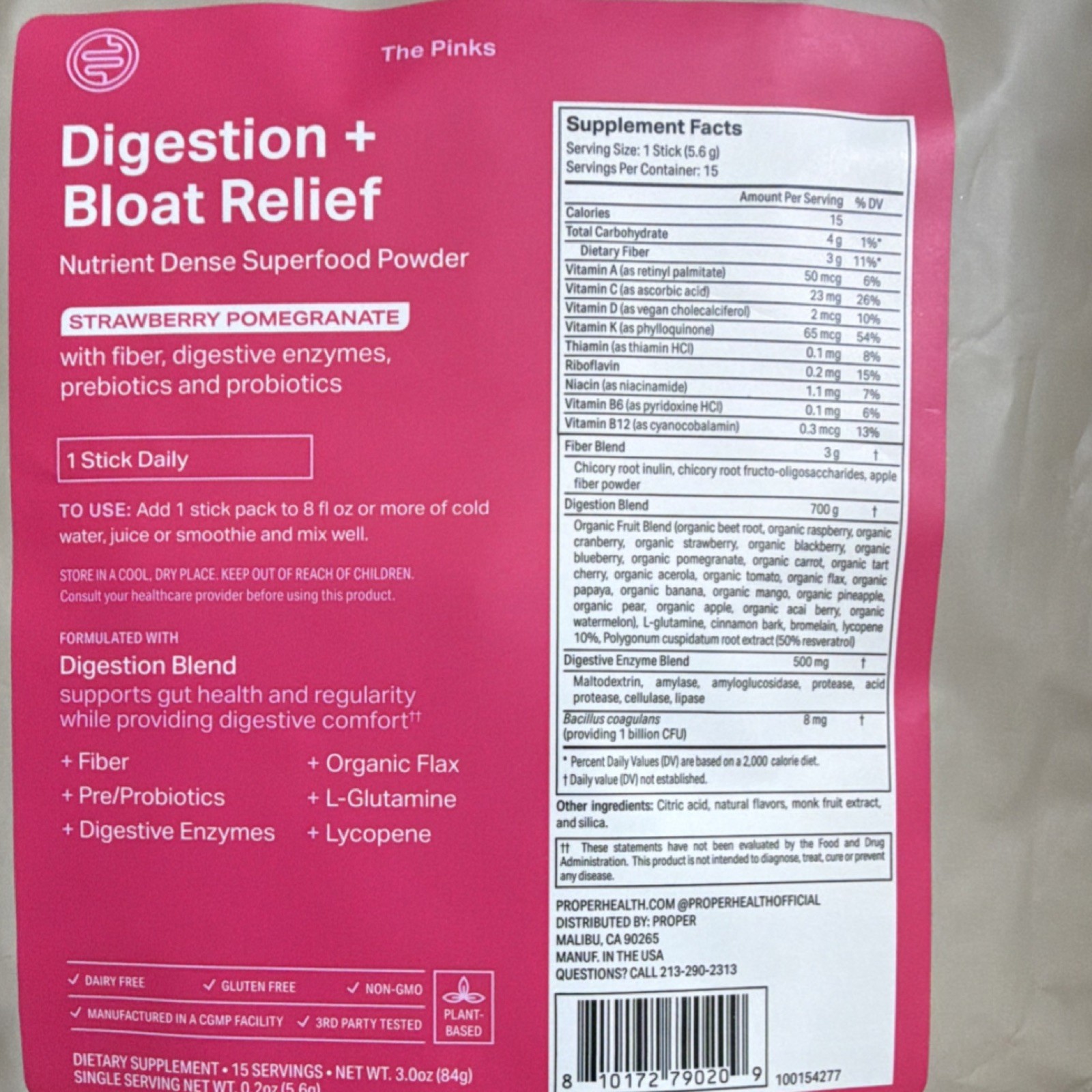 Proper Superfood Powder Strawberry Pomegranate Digestive Support 15ct