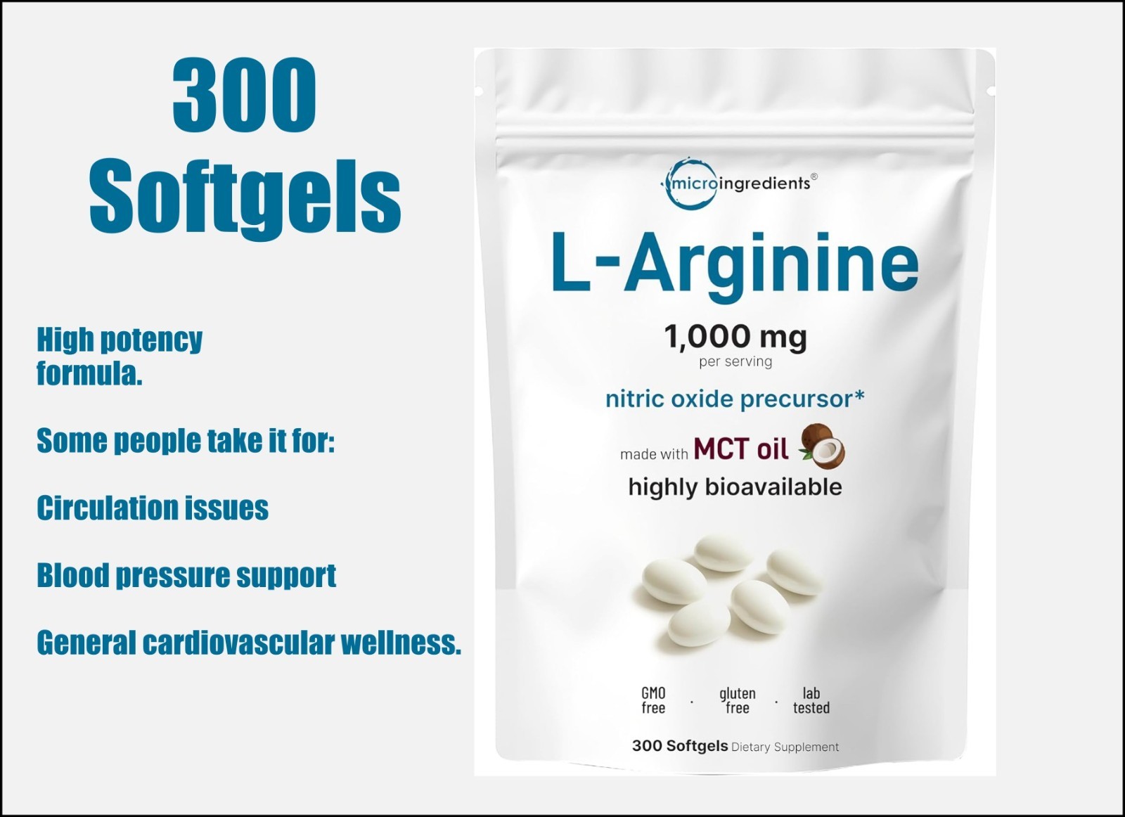 L-Arginine Nitric Oxide Precursor 1000mg with MCT Oil, 300 Softgels | L-Arginina