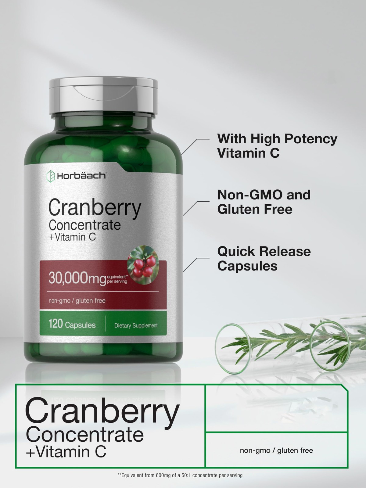 Horbäach Cranberry Concentrate Extract Pills + Vitamin 120 Count (Pack of 1)