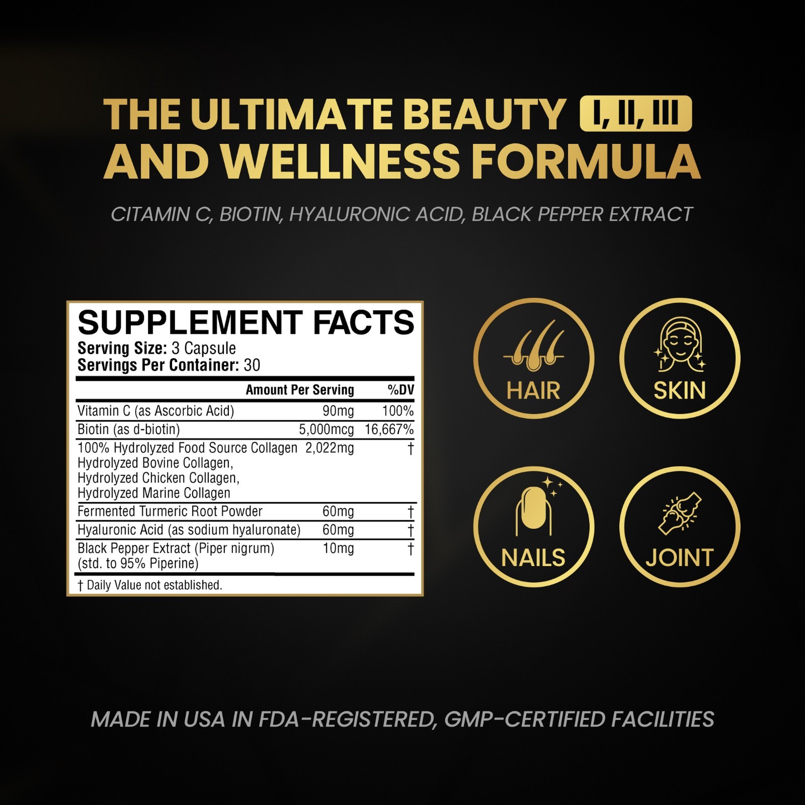 Hydrolyzed Multi Collagen for Hair Skin Nails Support – 90 Capsules
