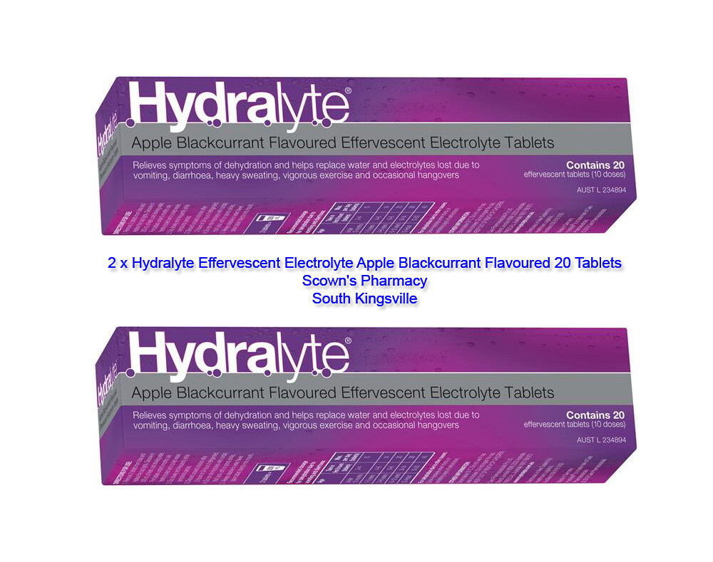 2 x Hydralyte Effervescent Electrolyte Apple Blackcurrant Flavoured 20 Tablets