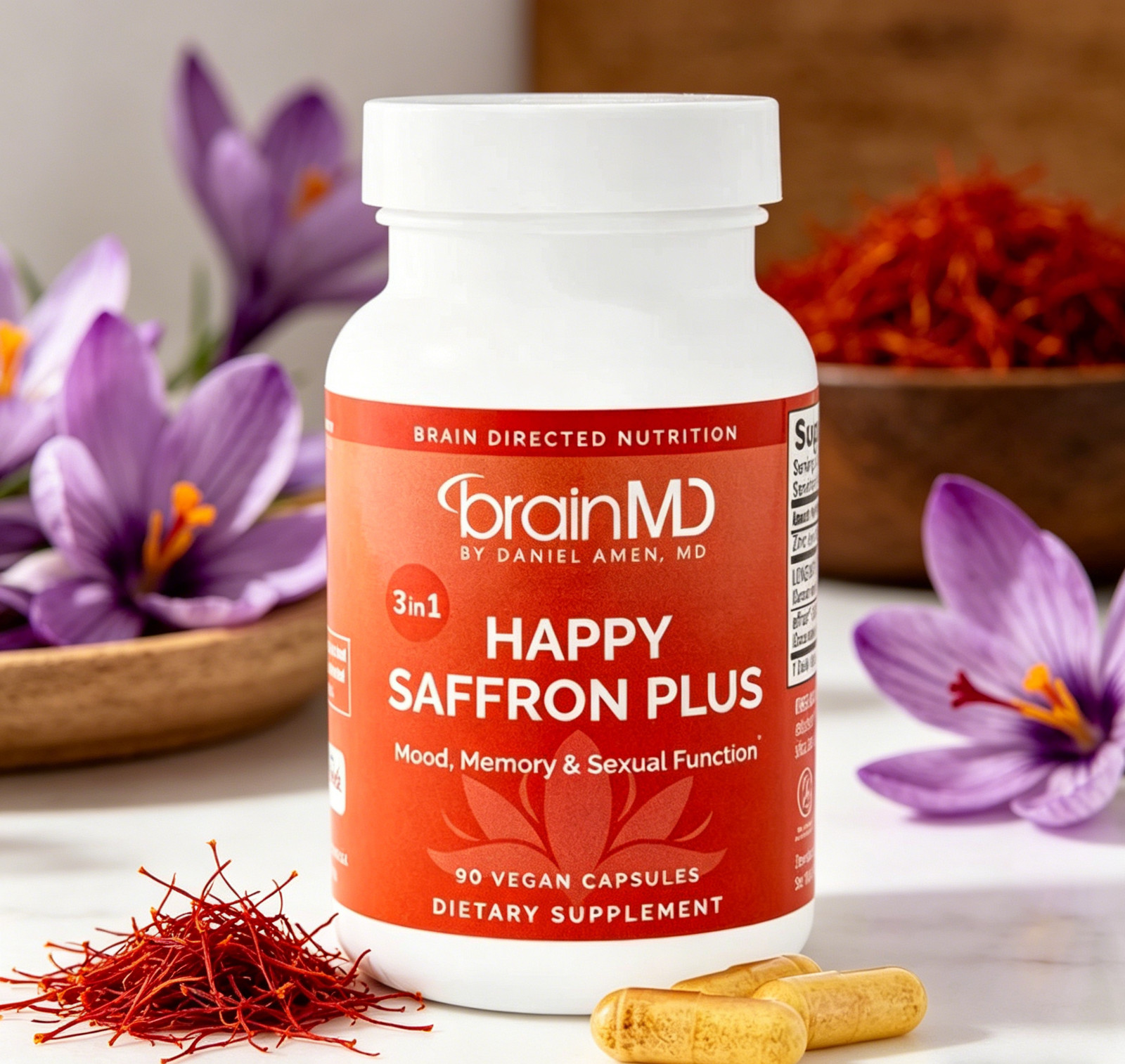 Three PACK BrainMD Happy Saffron Plus with Saffron Flower Extract Curcumin &