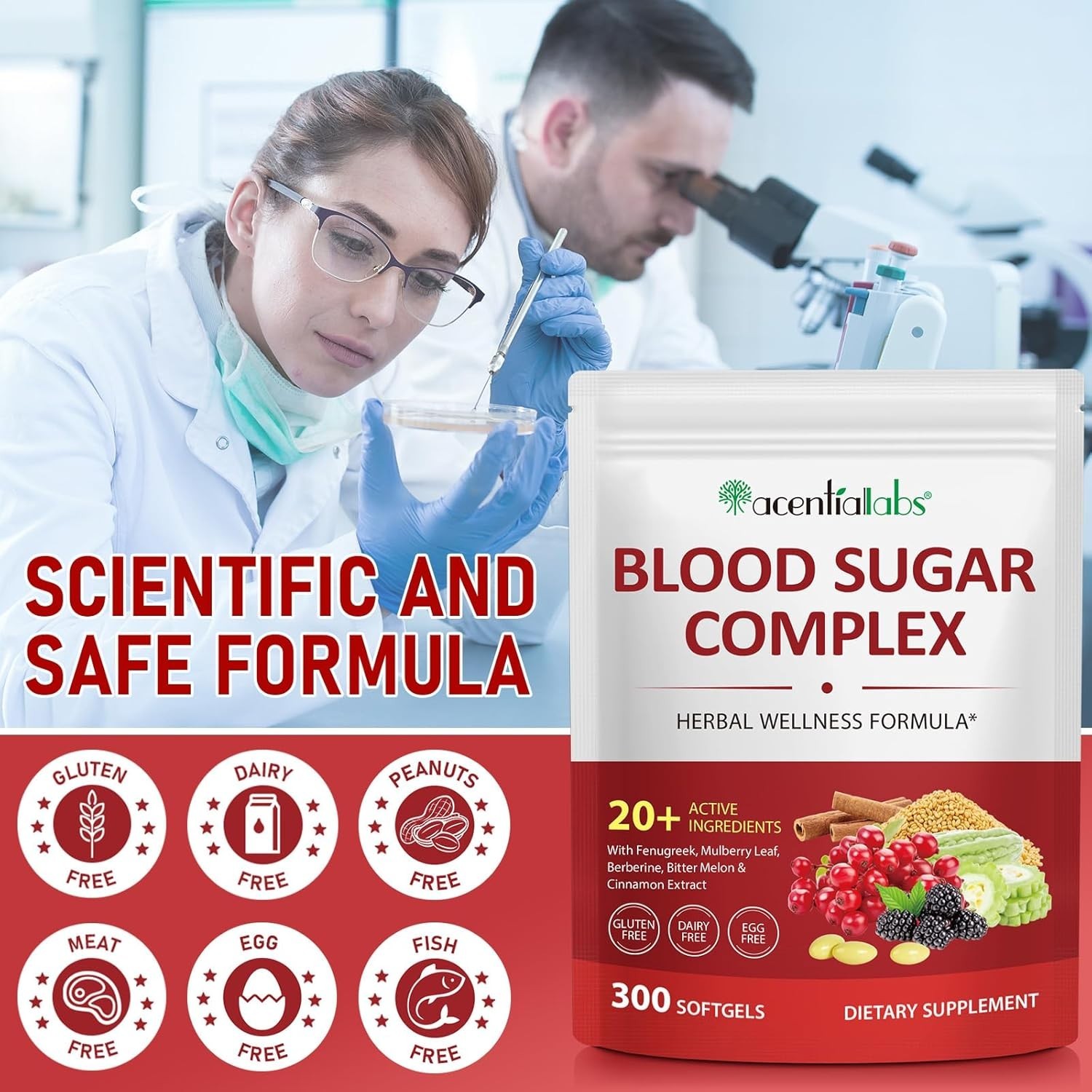 Acential Labs Blood Sugar Complex Supplement 300 Softgels 20+ Active Ingredients