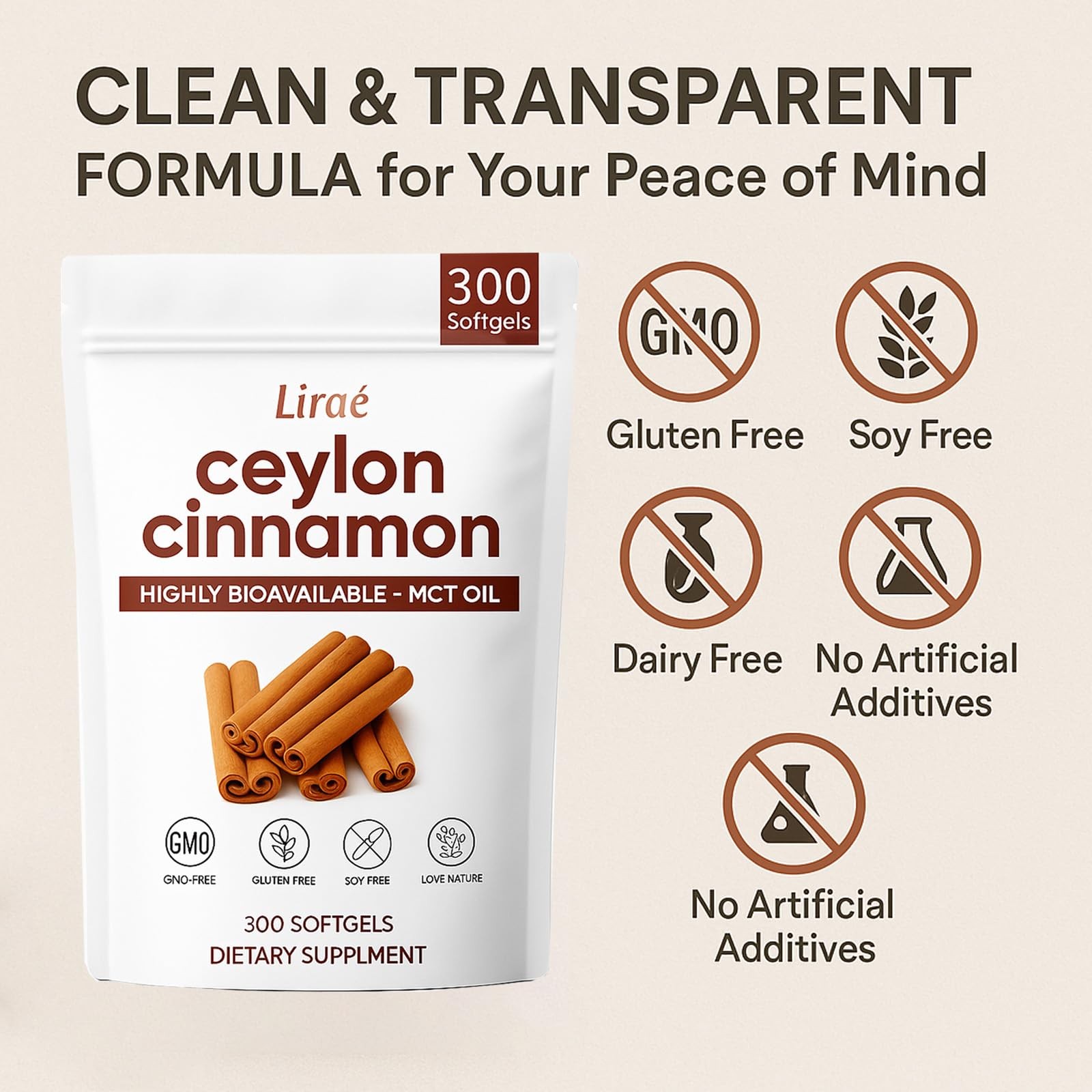 Ceylon Cinnamon 300 Softgels with MCT Oil True Ceylon Cinnamon Suppl (Pack of 1)