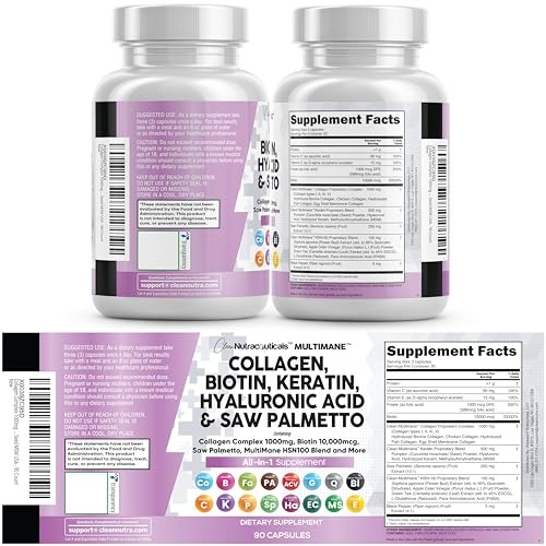 Clean Nutraceuticals Collagen Pills 1000mg Biotin 10000mcg Hair Skin Nails