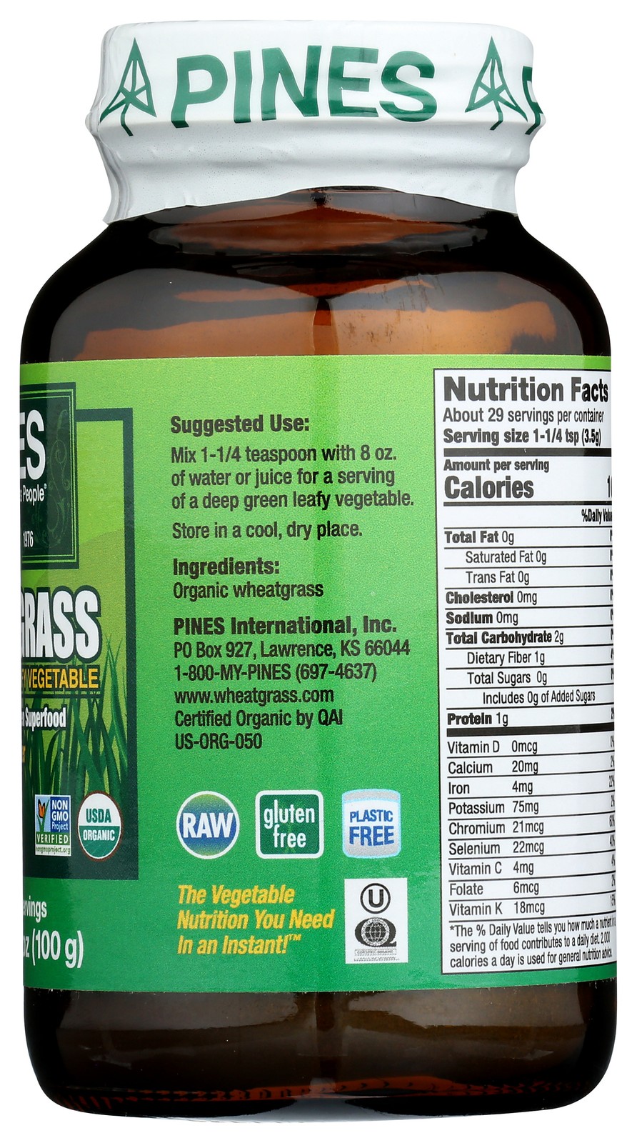 Organic Pines Wheat Grass Powder 3.5 Oz Green Superfood Supplement 1 Pack