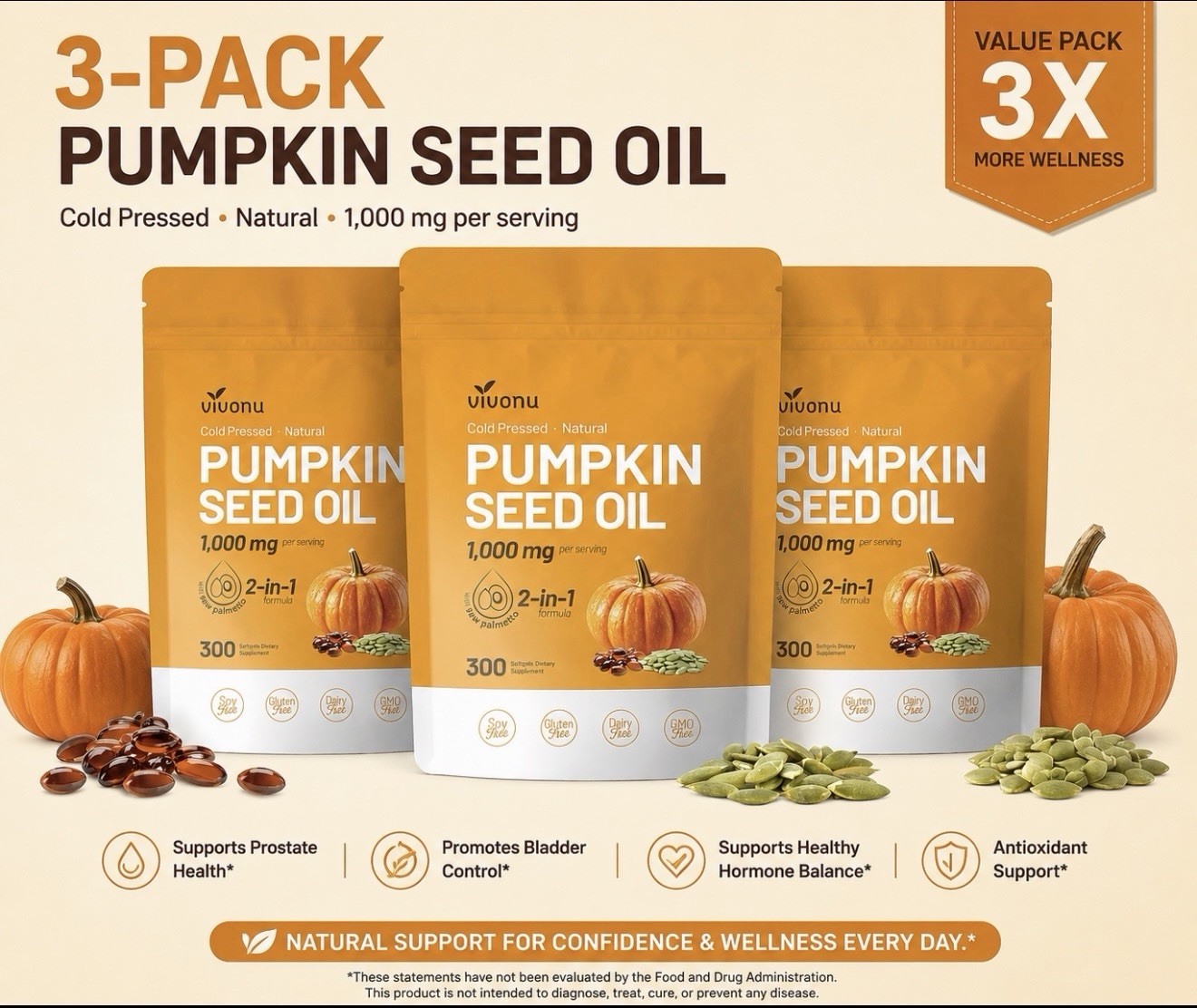3 Pack Pumpkin Seed Oil with Saw Palmetto Capsules Cold Pressed, Pure Virgin Oil