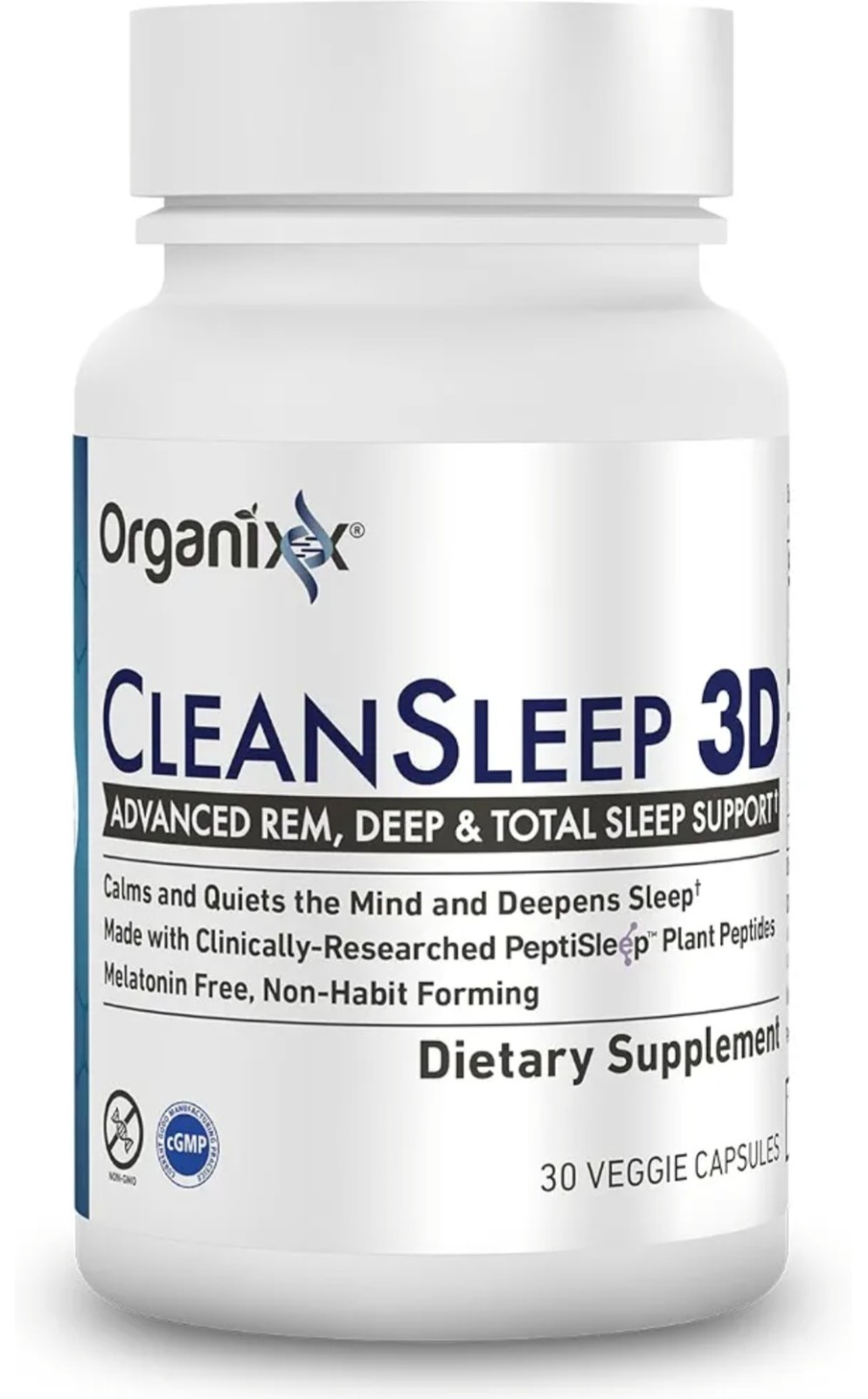 Organixx Clean Sleep 3D Melatonin Free Supplement L Theanine GABA Peptides 30ct