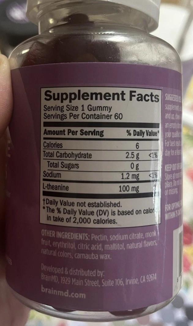 BrainMD L-Theanine Gummies Berry Flavor Sugar-Free Vegan 60 Count Supplement