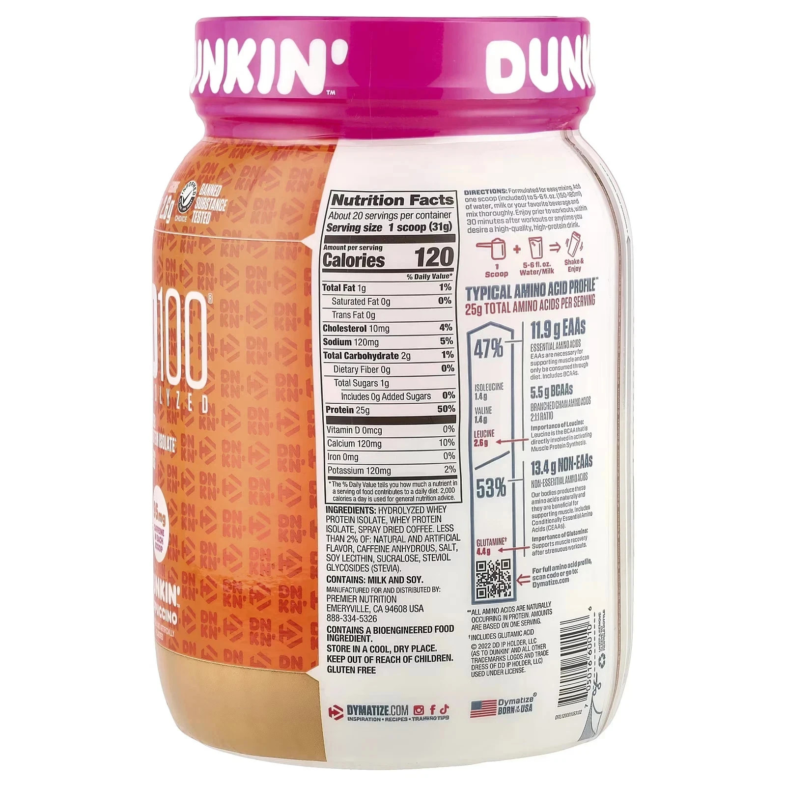 Dymatize ISO100 100% Whey Protein – Dunkin’ Cappuccino 20 Servings EXP 09/27