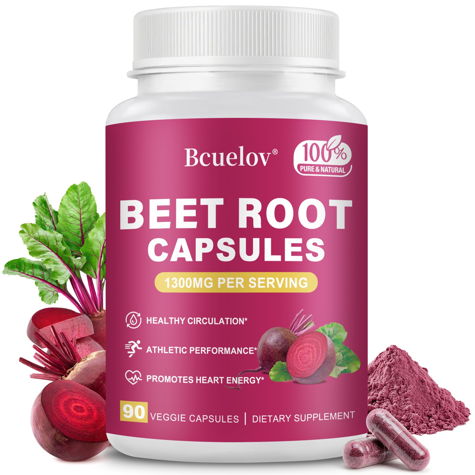 Beet Root Supplement Capsules 1300mg,Support Blood Flow,Energy & Endurance 90Pcs