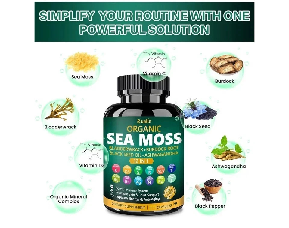 (1) Bualle Organic Sea Moss 12-in-1 Vitamin C D3 Bladderwrack 150 Capsules 8/27