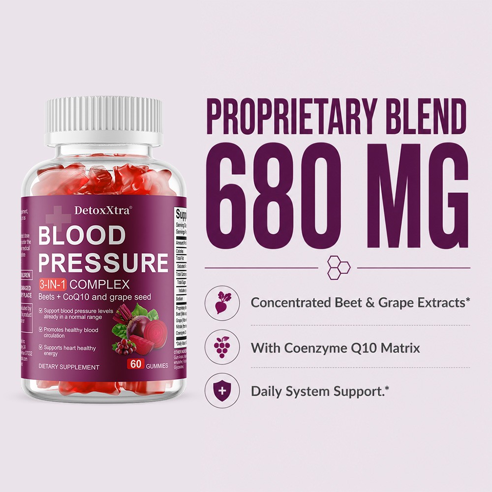 3-in-1 Blood Pressure Gummies,Beet Root with CoQ10&Grape Seed Extract 60 Gummies
