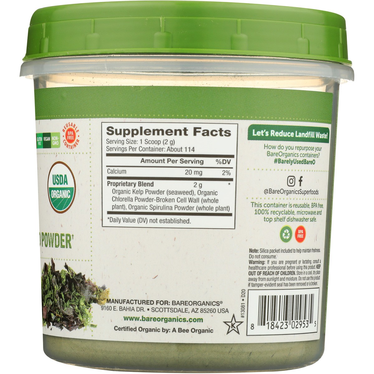 Organic Marine Greens Immunity Blend Powder By Bareorganics 8 Oz 1 Pack