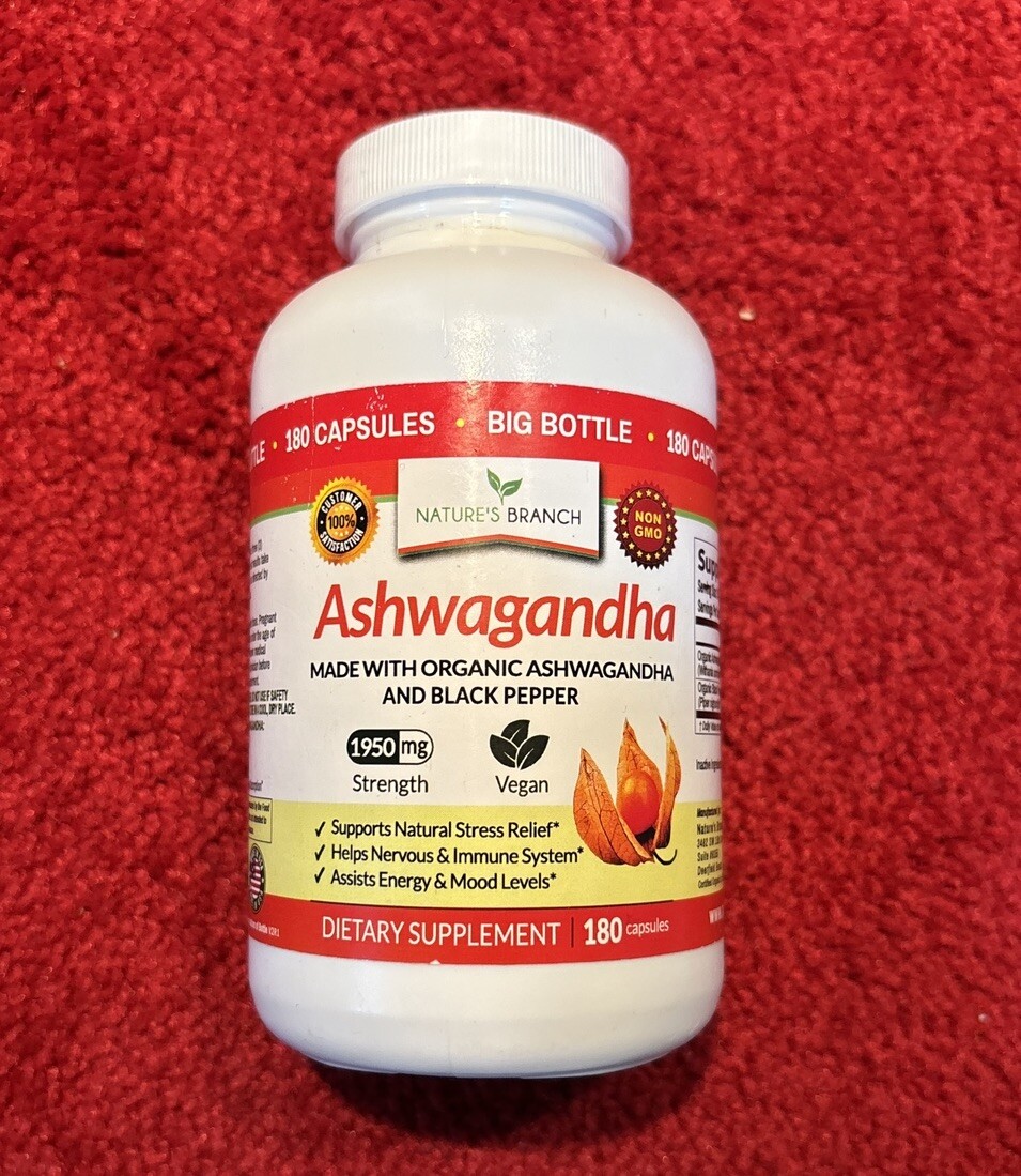 Organic Ashwagandha w/ Black Pepper 1950mg 180 Capsules Exp 7/25