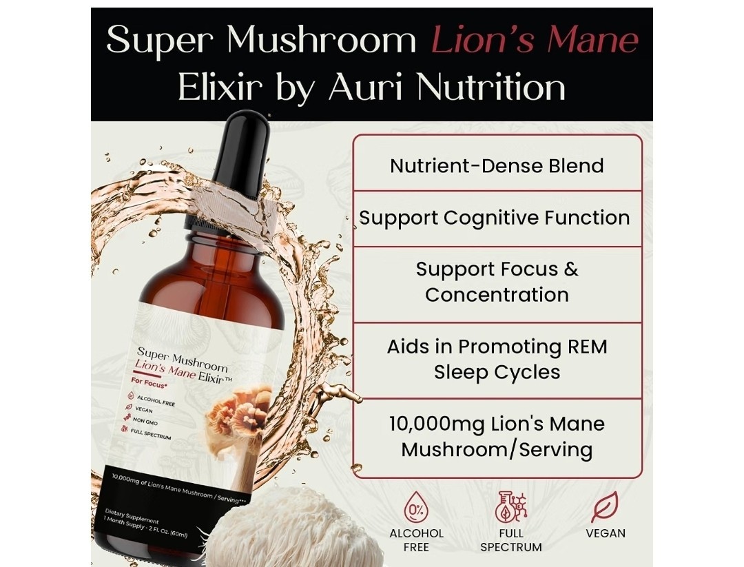 Auri Nutrition Lion’s Mane Elixir Liquid Drops Focus Memory Alcohol Free 2 fl oz