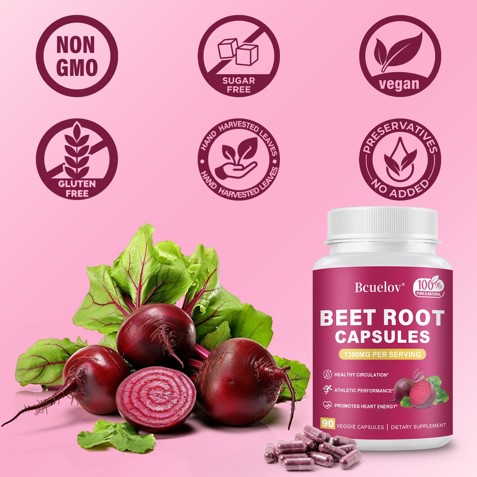 BeetRoot Capsule 1300mg,Support Circulation & Athletic Performance,Vegan 90 Caps