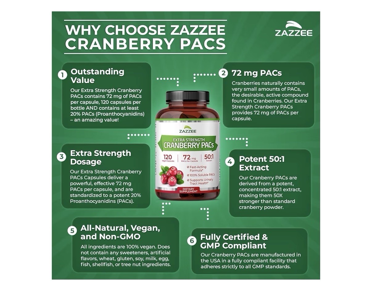 Zazzee Cranberry PACs Extra Strength Urinary Tract Support 100% Soluble 120 Caps