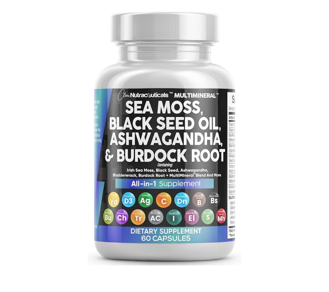 Sea Moss Black Seed Oil Ashwagandha Burdock Root Tumeric Bladderwrack