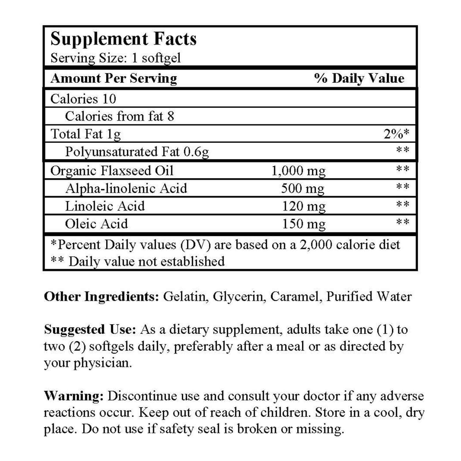 Organic Cold Pressed Flax Seed Oil Omega 3 1000mg 100 Softgels Nu-Health
